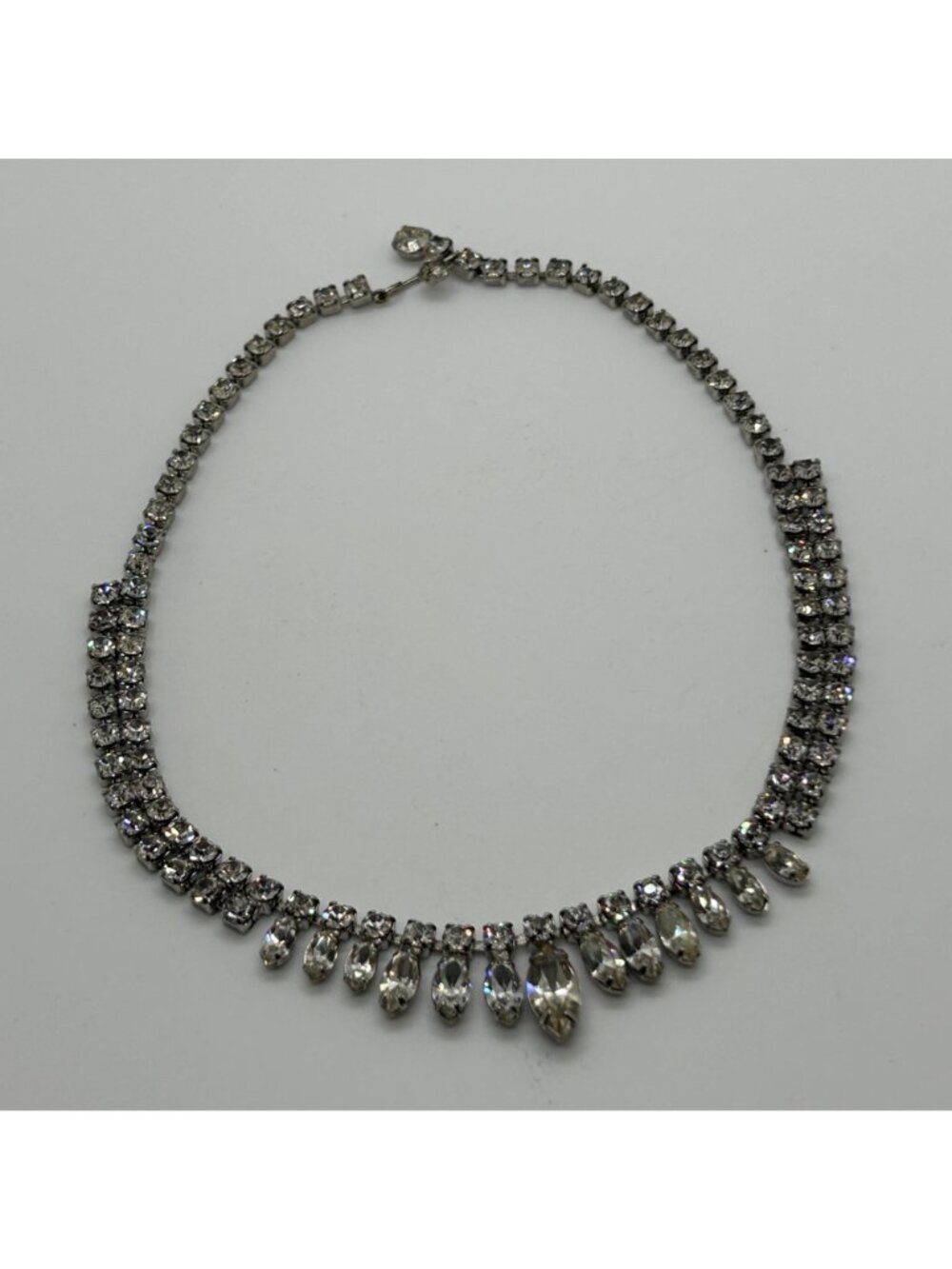Vintage Silver Tone Clear Rhinestone Choker Necklace Teardrop Navette Marquise A - Picture 5 of 11